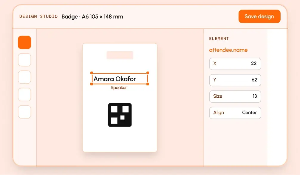Badge editor with a name badge on the canvas and element settings