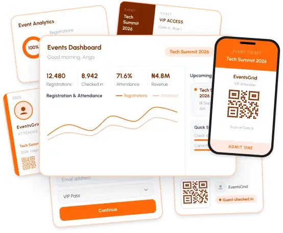 EventsGrid screens: events dashboard, analytics, ticket, attendee badge and QR check-in