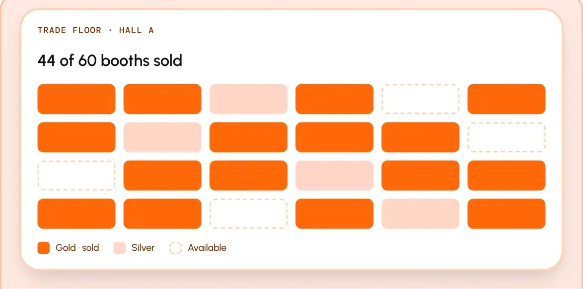 Trade floor map with 44 of 60 booths sold