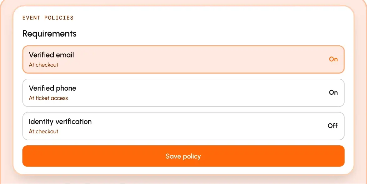 Event policy requirements: verified email and phone on, identity verification off