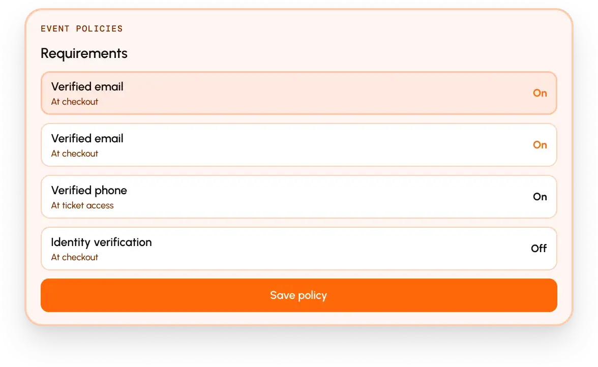 Event policies: verified email and verified phone switched on, identity verification off, with a Save policy button.