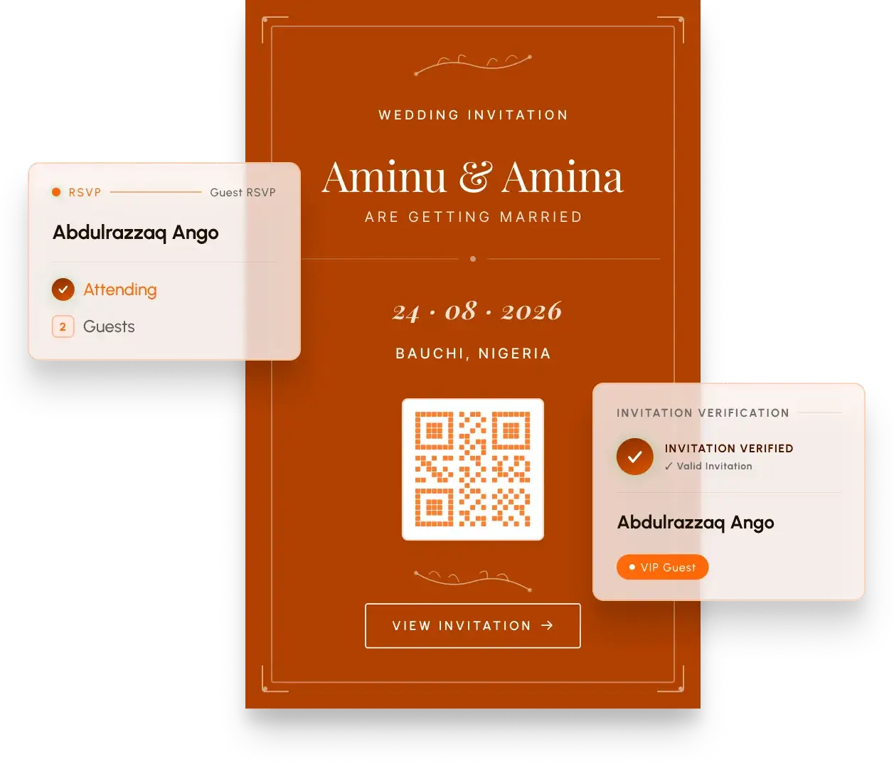 Wedding invitation for Aminu and Amina with a QR code and an RSVP confirmation