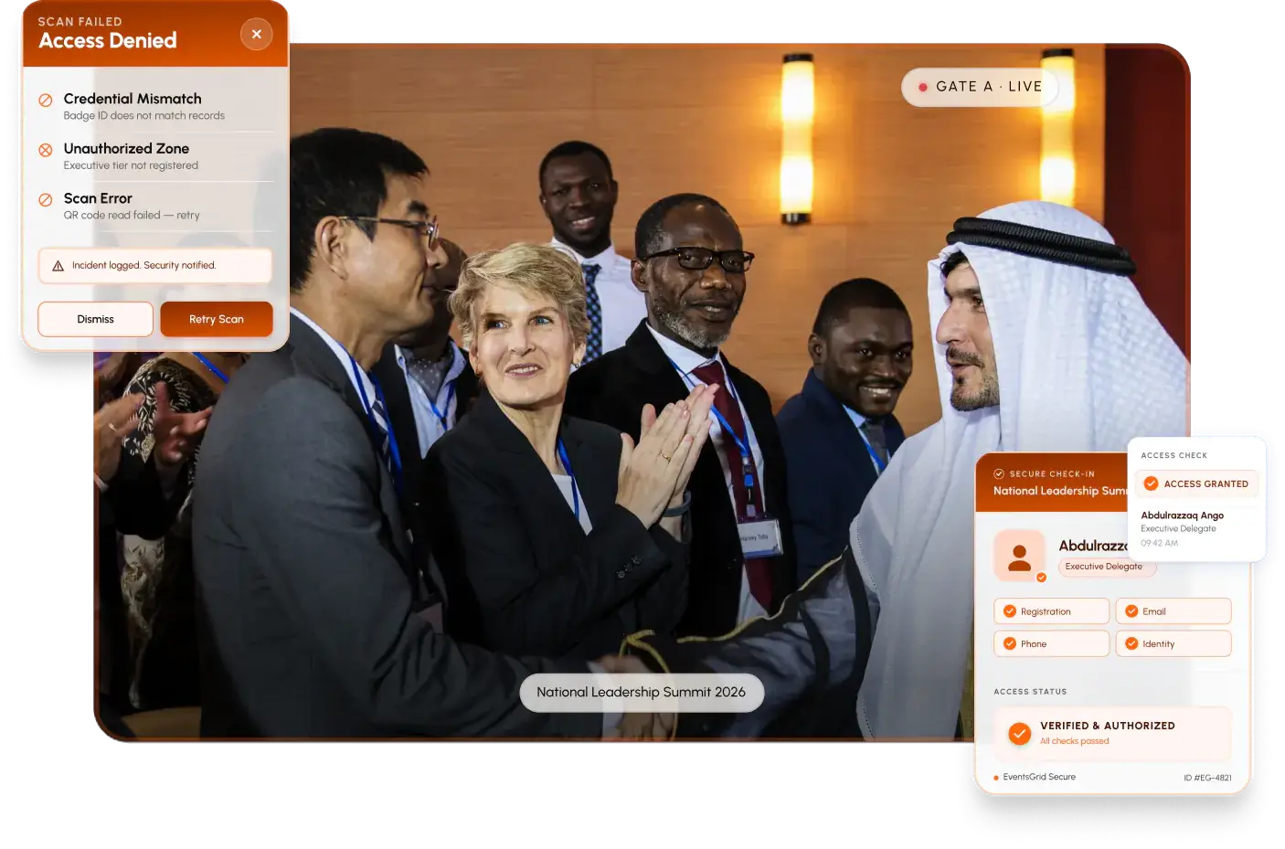 Delegates greeting at the National Leadership Summit, with a denied scan alert and a verified, authorized check-in