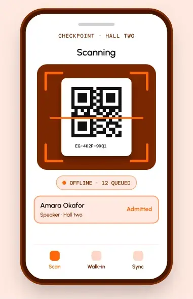 ScanPoint phone app scanning a QR ticket offline and admitting a speaker