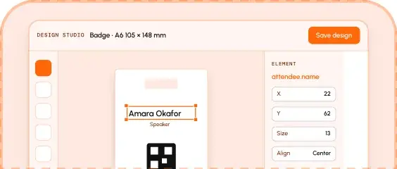 Badge editor with a speaker badge on the canvas.