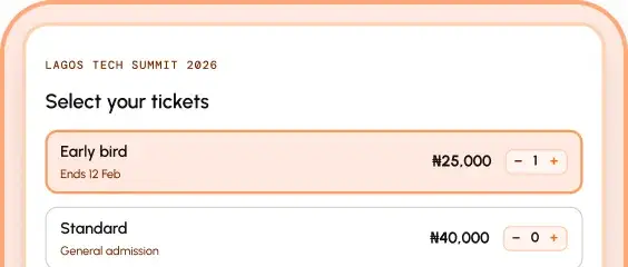 Ticket selection with Early bird and Standard tiers.