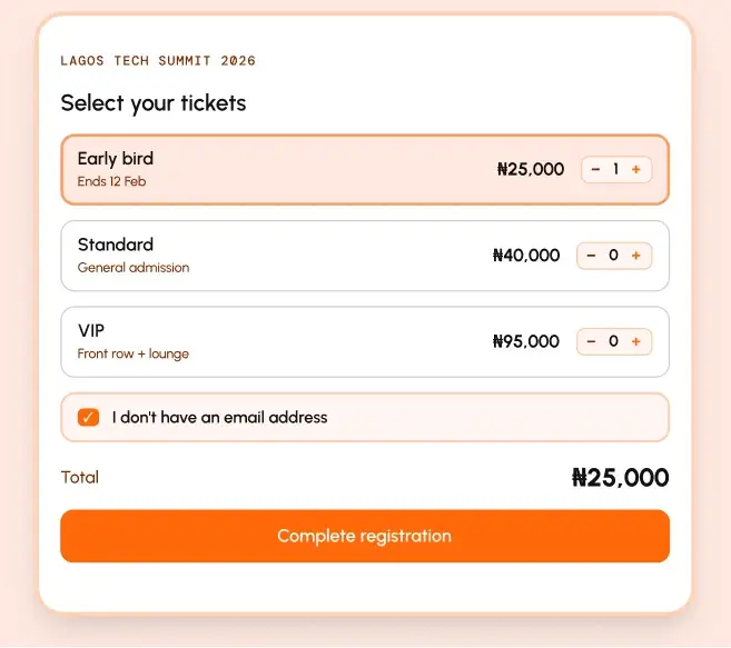 Ticket selection with early bird, standard and VIP tiers, a no-email option and a total