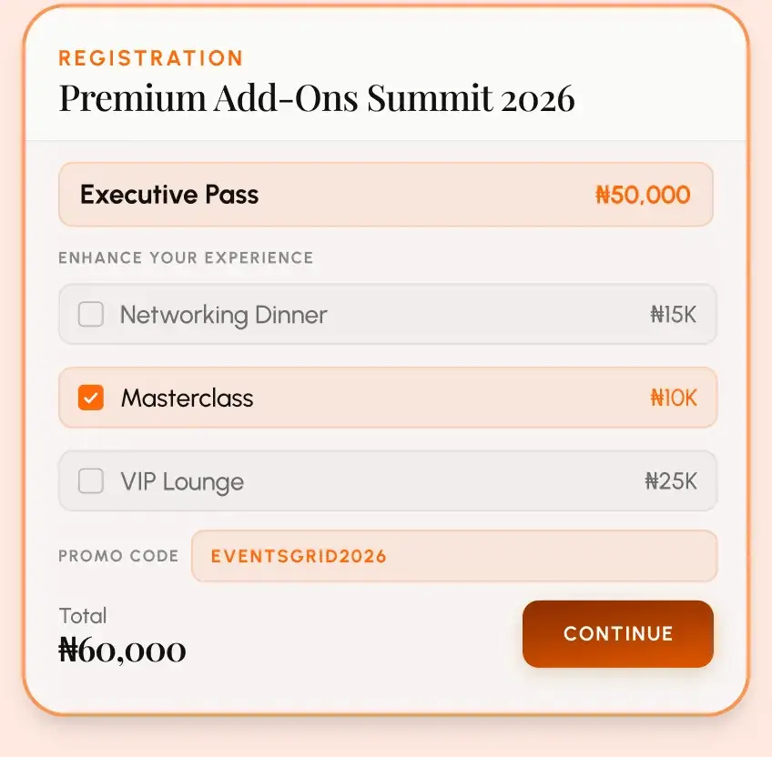 Registration step with an executive pass, optional add-ons and a promo code