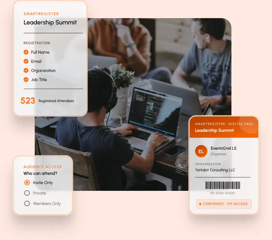 Leadership Summit registration form with invite-only access and a confirmed VIP digital pass