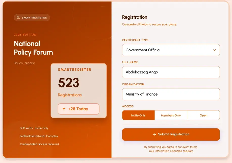 Registration form for a national policy forum with participant type and access level