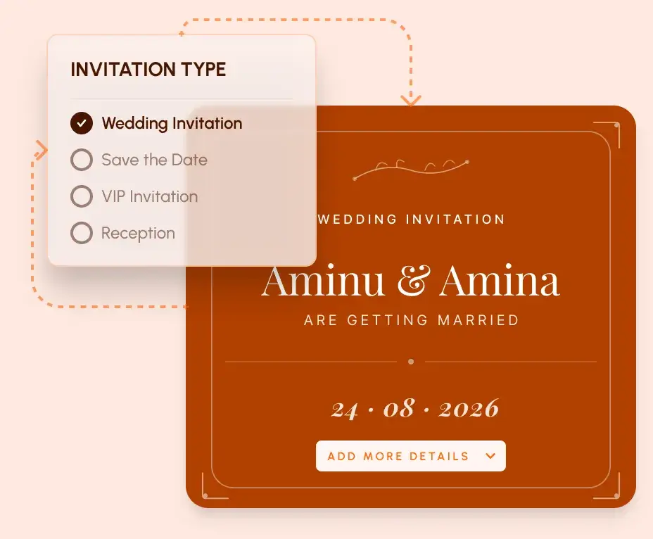 Invitation type options beside a designed wedding invitation
