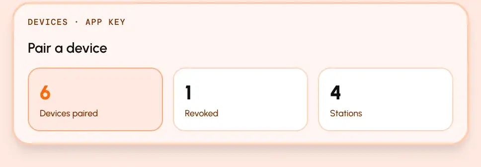 Device pairing summary: 6 devices paired, 1 revoked, 4 stations.