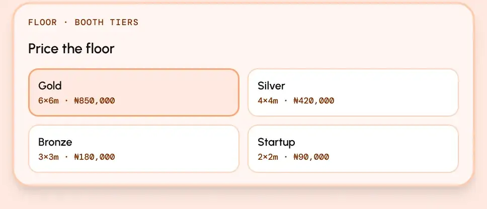 Booth tiers: Gold, Silver, Bronze and Startup with sizes and prices.