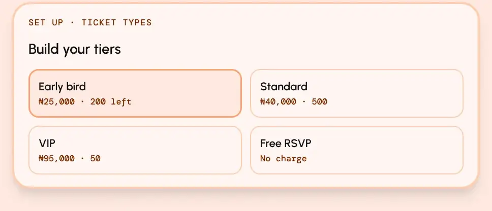Ticket tier builder: Early bird, Standard, VIP and a free RSVP tier with prices and capacity.