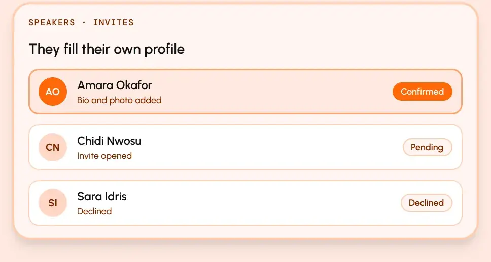Speaker invites: one confirmed with bio and photo, one pending, one declined.