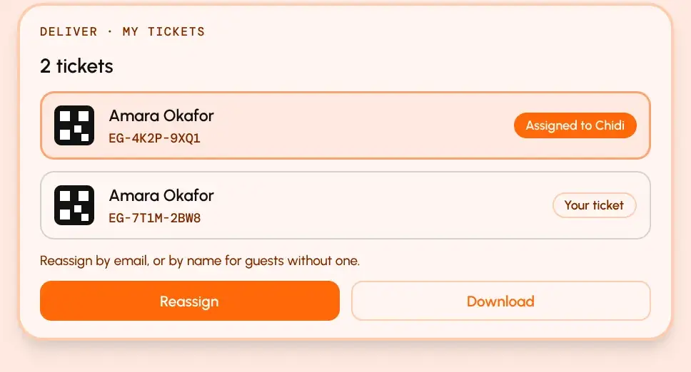 My Tickets list with two QR-coded tickets, one reassigned, and Reassign and Download buttons.