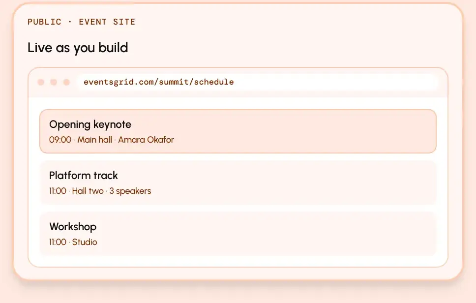 Public schedule page at eventsgrid.com/summit/schedule listing the opening keynote, platform track and workshop.